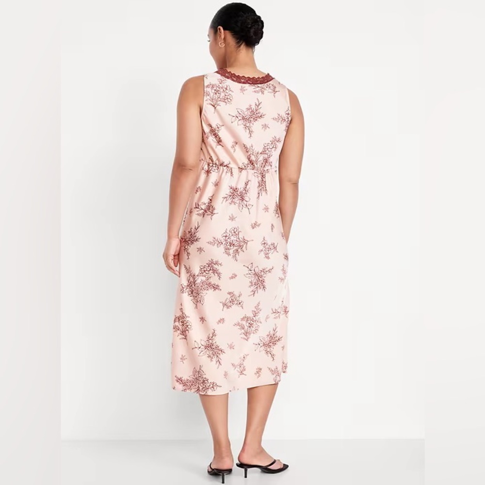 Pink Floral Satin Lace Trim Midi Dress Romantic Coquette NWT Slip Blush - Picture 5 of 9